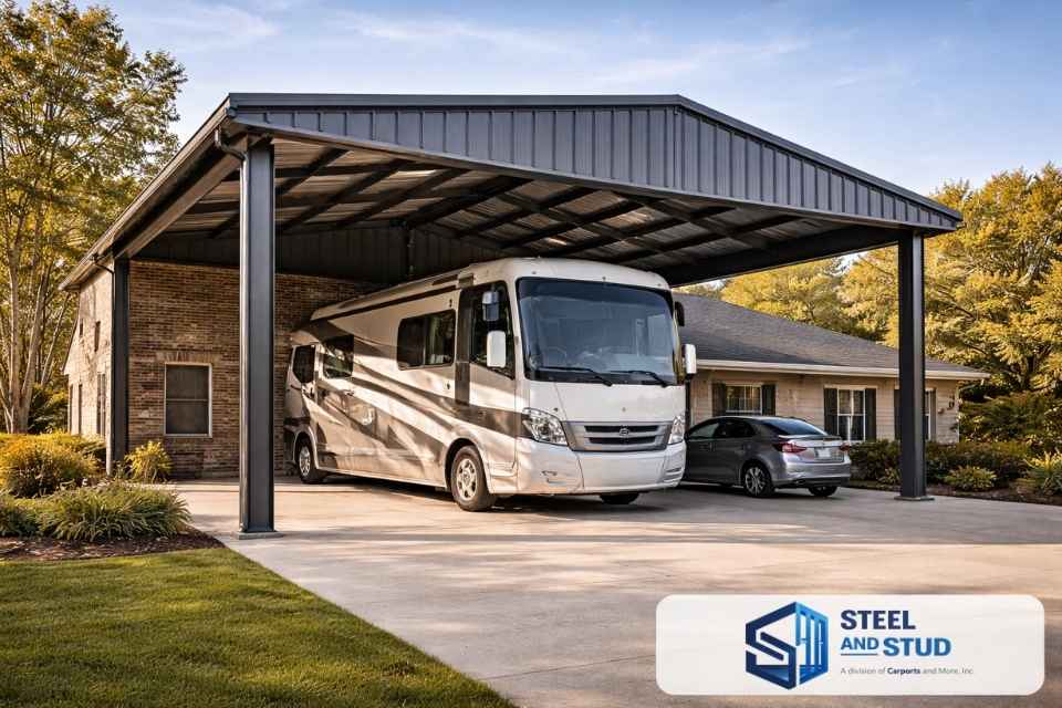 Steel and Stud RV carport attached to house with 14-foot leg clearance sheltering a Class A motorhome and sedan — 12-gauge steel frame on a 20×30-foot clear-span footprint