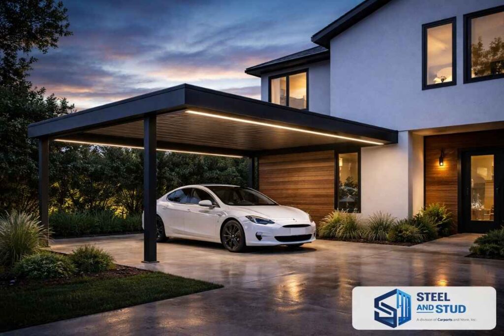 Steel and Stud modern flat-roof metal carport attached to a contemporary home at dusk — minimalist powder-coated steel with integrated LED accent lighting and solar-panel-ready deck