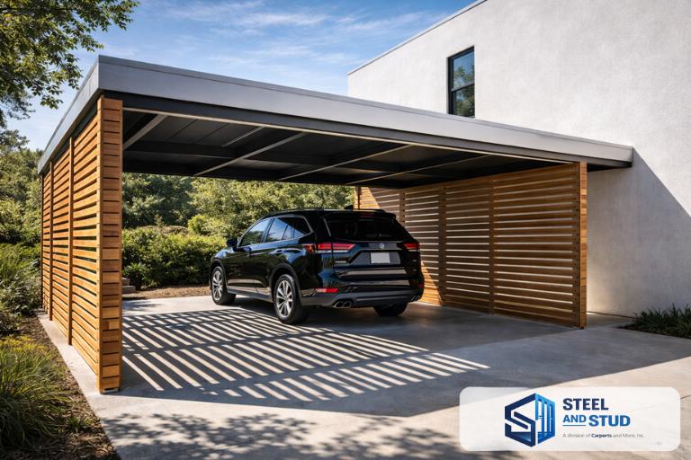 Steel and Stud 2-car metal carport attached to house sheltering a full-size luxury SUV — 20×20-foot double carport with door-swing clearance, powder-coat finish, rated 140 MPH and 35 PSF