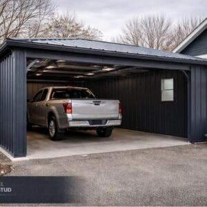 Steel and Stud steel lean-to carport attached to the side of house sheltering a silver pickup truck, guttered roofline with side-entry access and setback-compliant footprint