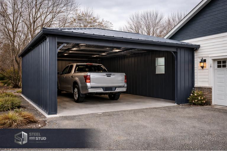 Steel and Stud steel lean-to carport attached to the side of house sheltering a silver pickup truck — guttered roofline with side-entry access and setback-compliant footprint