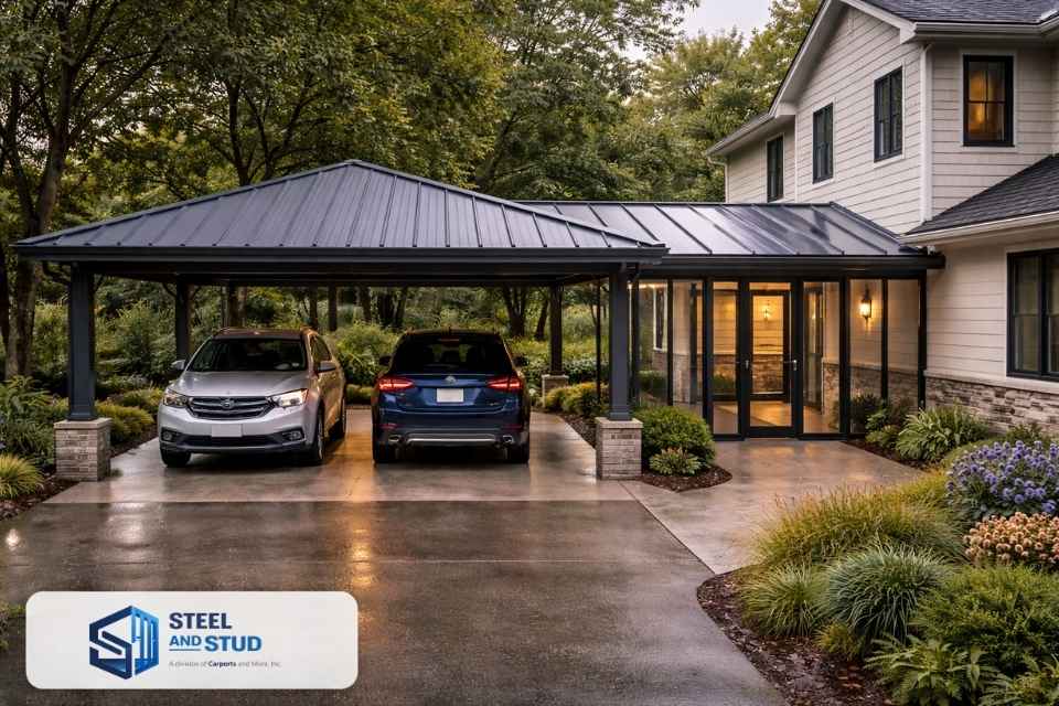 Steel and Stud double metal carport attached to house with integral covered breezeway — sheltered walkway connecting the parking bay directly to the home's front entry door
