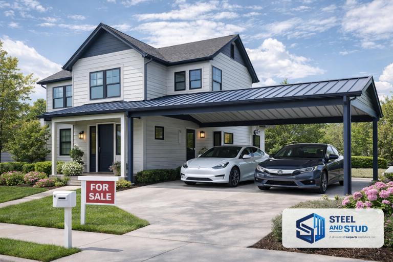 Modern suburban home with a permitted Steel and Stud attached metal carport — covered parking among the top buyer priorities in competitive U.S. residential real estate markets