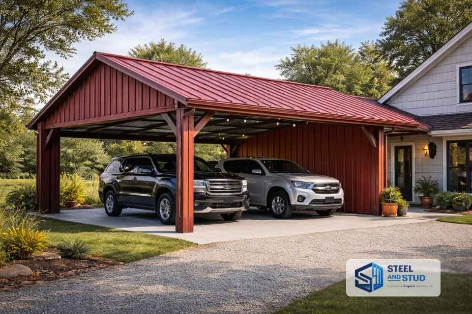 Steel and Stud red barn-style attached carport with gambrel roof sheltering two full-size SUVs — enclosed loft storage bay and covered breezeway for farmhouse and craftsman properties