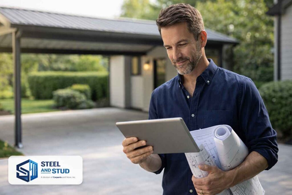 Homeowner and contractor reviewing Steel and Stud stamped engineered drawings and building permit paperwork for an attached metal carport — permits required in nearly every U.S. jurisdiction