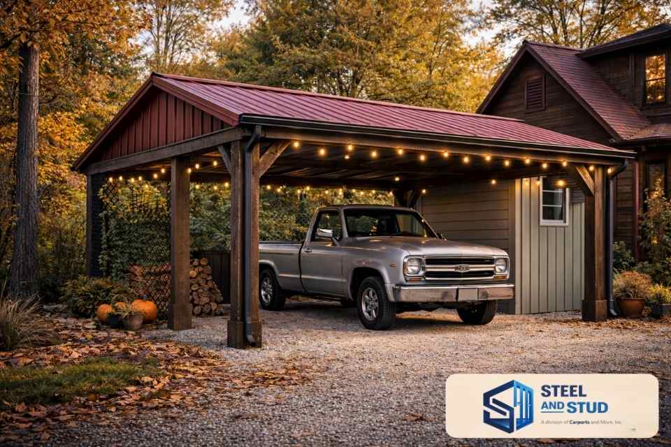Steel and Stud rustic cabin-style attached metal carport with red asphalt shingle roof and heavy timber-wrapped posts set against brilliant autumn foliage — convertible to outdoor pavilion