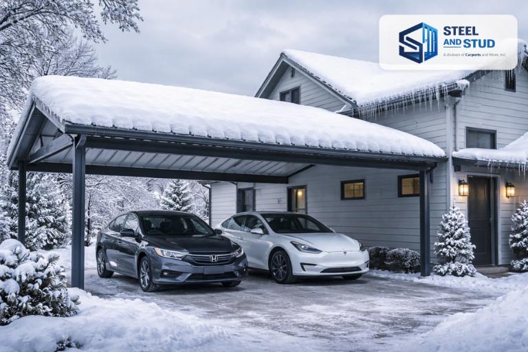 Steel and Stud attached metal carport under heavy winter snowfall with vehicles fully protected — engineered to 50 PSF snow load and 130 MPH wind with 12-gauge vertical standing-seam panels