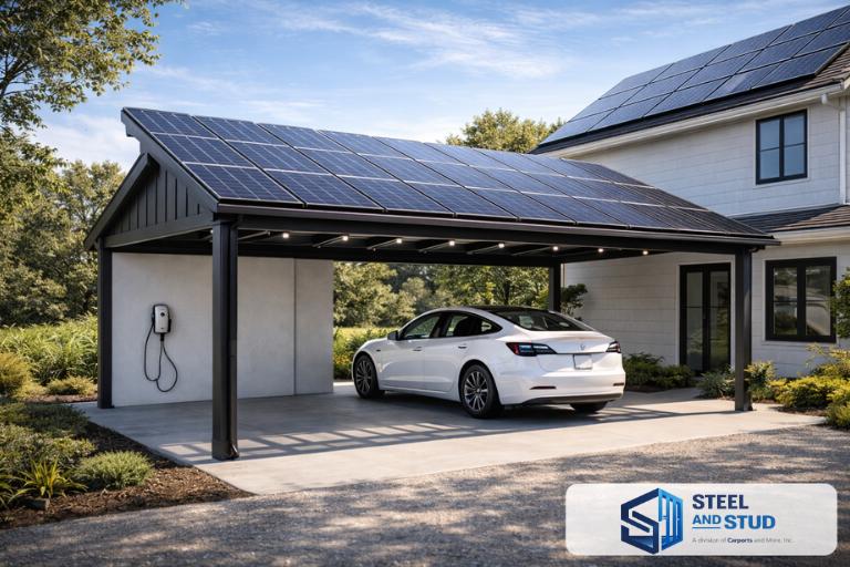 Steel and Stud solar panel carport attached to house with roof-mounted photovoltaic array and Level 2 EV charger — IRA federal Investment Tax Credit eligible clean-energy covered parking