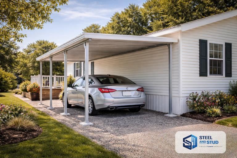 Bright sunny Steel and Stud attached metal carport beside a well-maintained home — UV protection, UL 2218 Class 4 hail defense, and fast one-to-three-day professional installation
