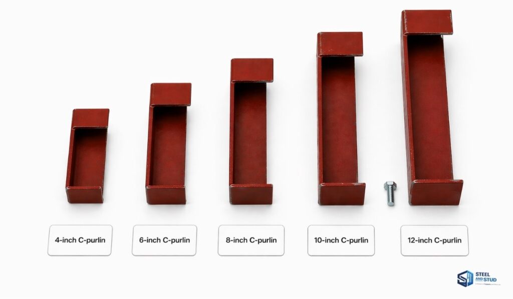 Five red oxide C purlin sizes from 4 inch to 12 inch arranged side by side showing relative web height for metal roof framing selection