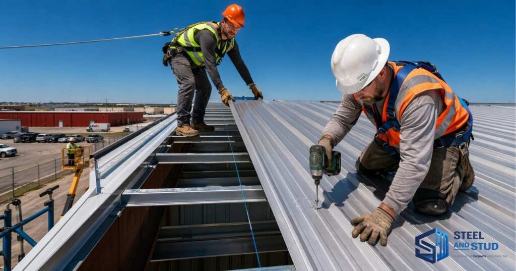 Construction workers installing metal roof panels directly onto steel Z purlins with self-drilling TEK screws on commercial building