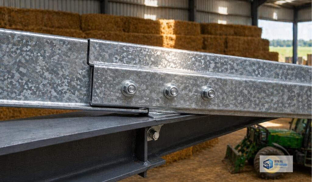 Galvanized Z purlin lap joint connection over primary steel I-beam rafter in agricultural metal building with opposing flange nesting and structural bolts