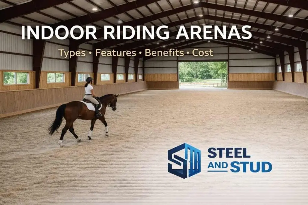 Indoor riding arenas by Steel and Stud featuring a rider on a horse inside a clear-span steel horse arena with bright footing, natural light, and modern equestrian building design