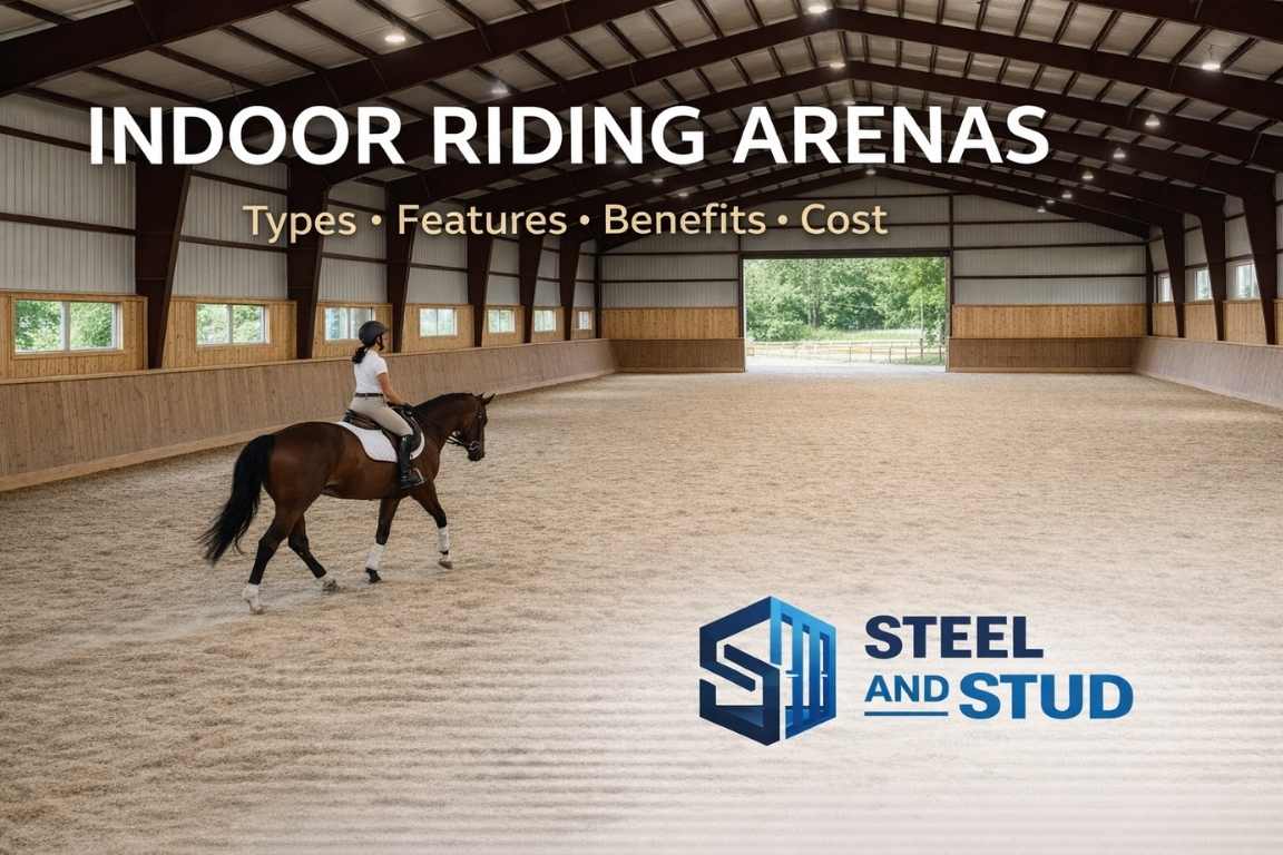 Indoor riding arenas by Steel and Stud featuring a rider on a horse inside a clear-span steel horse arena with bright footing, natural light, and modern equestrian building design