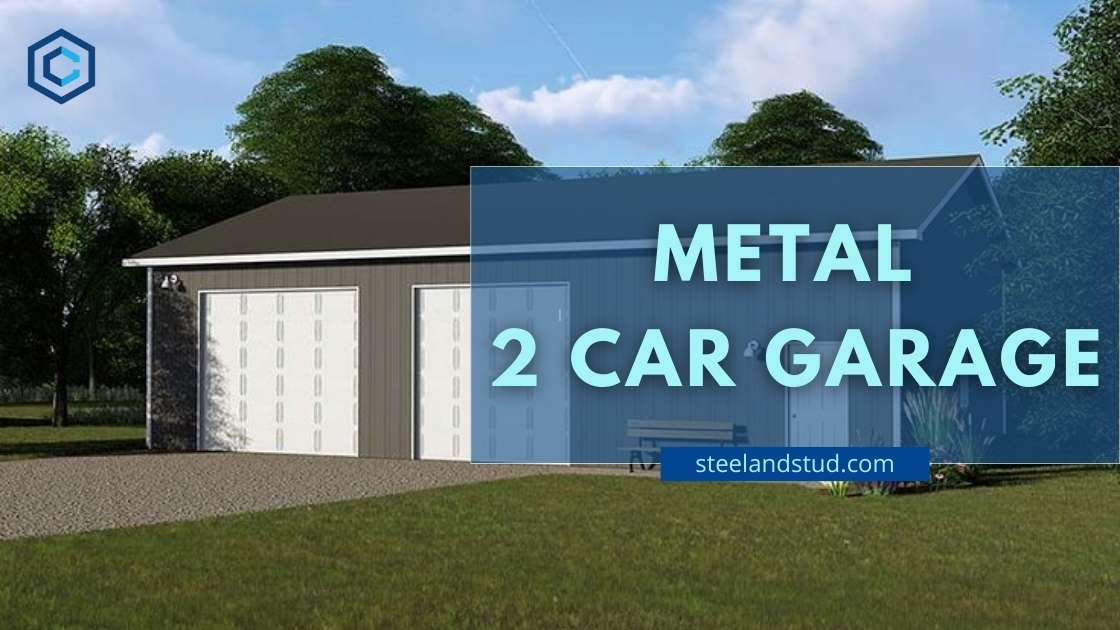 metal, two-car garage situated in a grassy area with trees in the background. The garage features two white doors and a white roof.