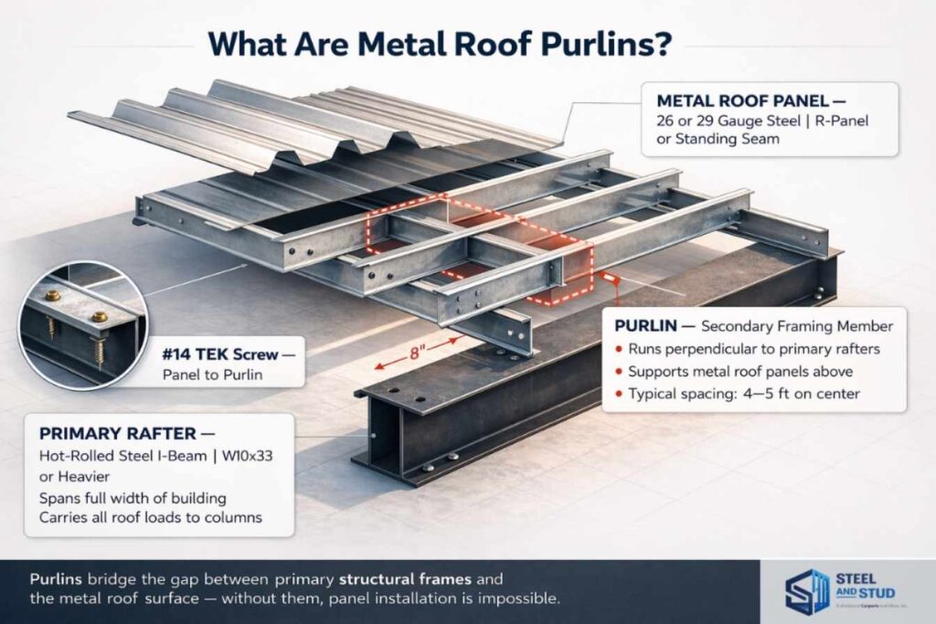 Exploded diagram of metal roof framing assembly showing primary rafter, 8 inch steel purlin, TEK screw connection and 26 gauge metal roof panel