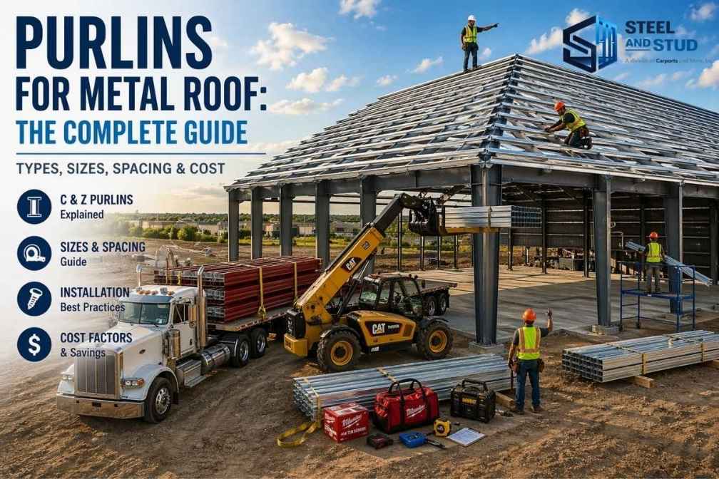 Purlins for metal roof complete guide featuring Steel and Stud construction site with C and Z purlins, CAT telehandler, and metal building frame
