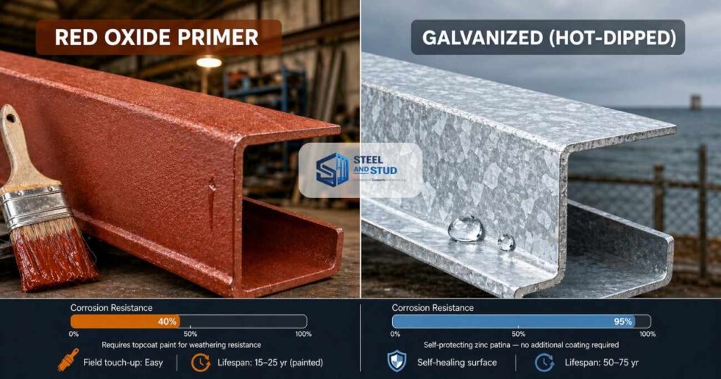 Red oxide primer vs hot-dipped galvanized steel purlin finish comparison showing 40 percent vs 95 percent corrosion resistance ratings and lifespan