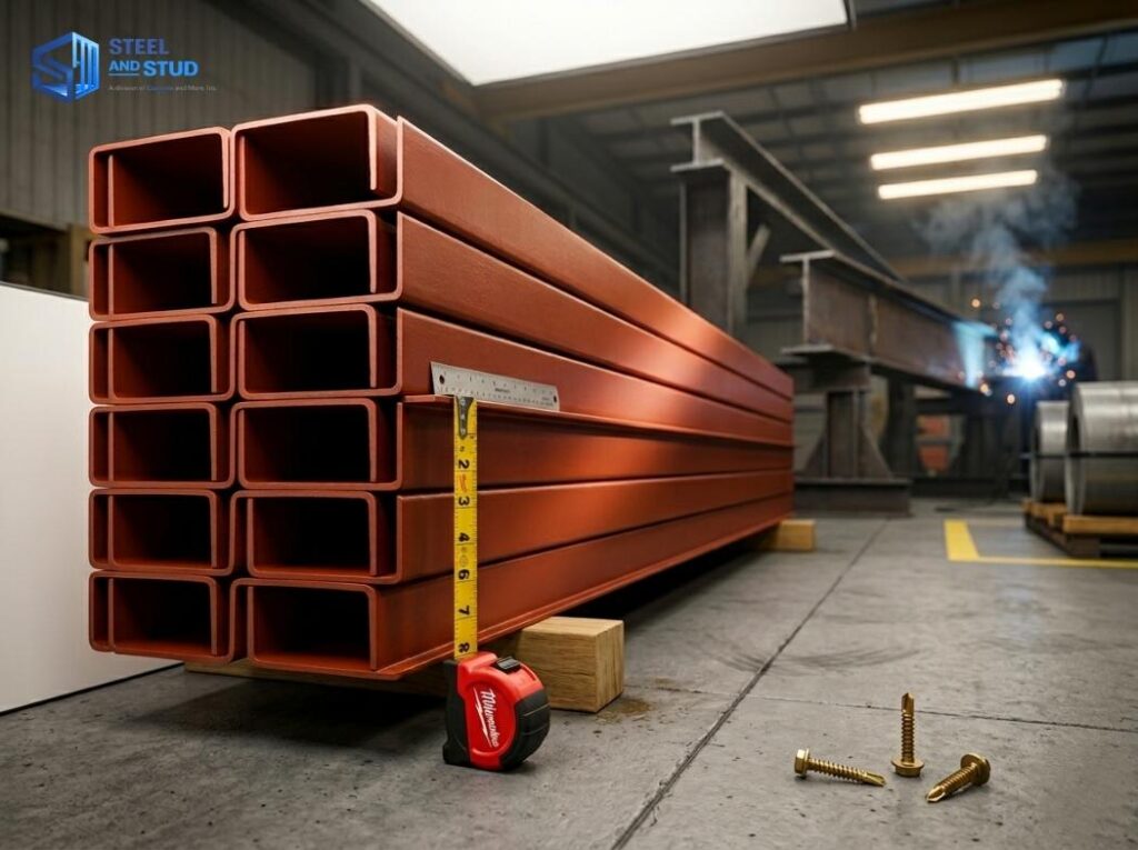 Stacked red oxide C purlins in steel fabrication warehouse with Milwaukee tape measure showing web height dimension and TEK screws