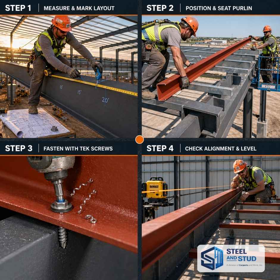 Four step steel purlin installation guide showing measure and mark layout, position and seat purlin, fasten with TEK screws, and check alignment with laser level