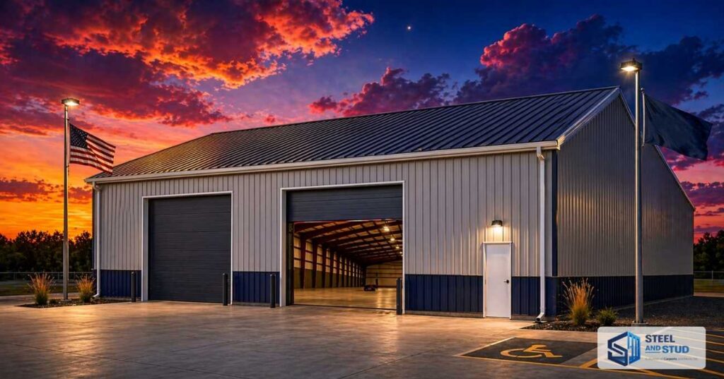 Completed pre-engineered commercial metal building with standing seam metal roof supported by Steel and Stud C and Z purlins at sunset