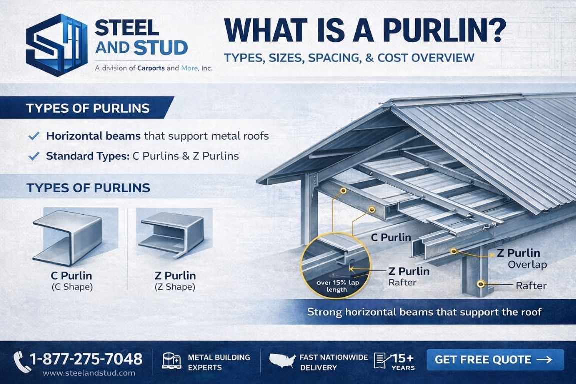 Steel and Stud purlin guide infographic showing C and Z purlins in a metal roof structure with labeled diagram for types and spacing.