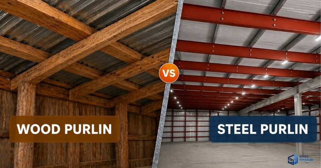Wood 2x4 and 2x6 purlins vs steel C and Z section purlins comparison showing interior of agricultural barn and pre-engineered metal building