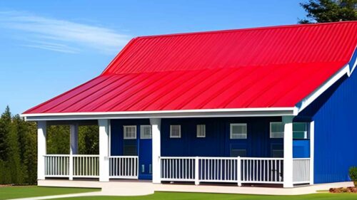 Red Metal Roof with Blue House