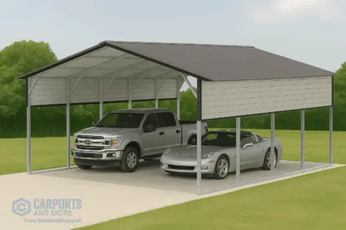 Steel carport with vertical roof protecting vehicles from weather and UV damage