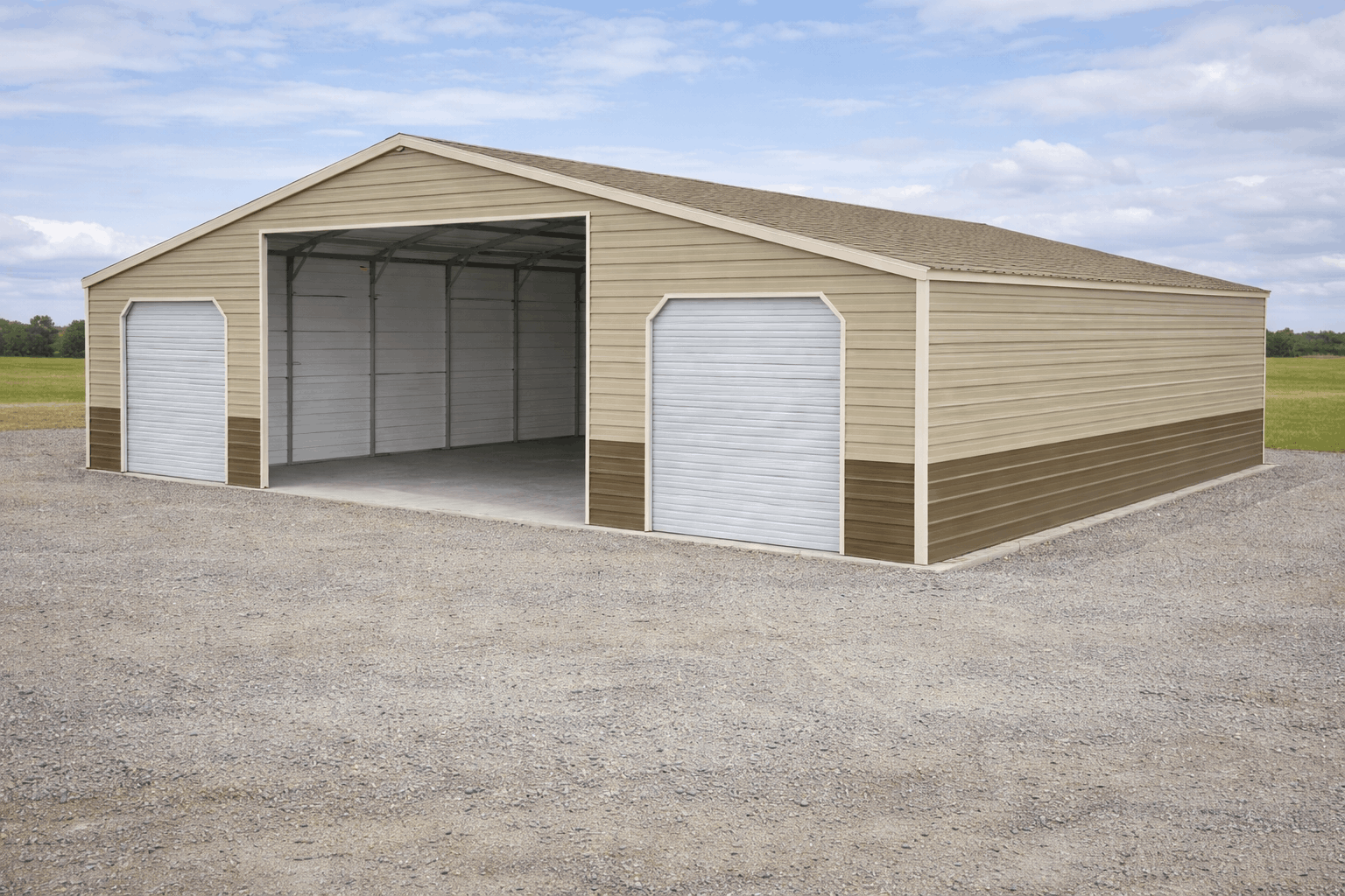 Metal barn with lean-to for hay storage and livestock shelter