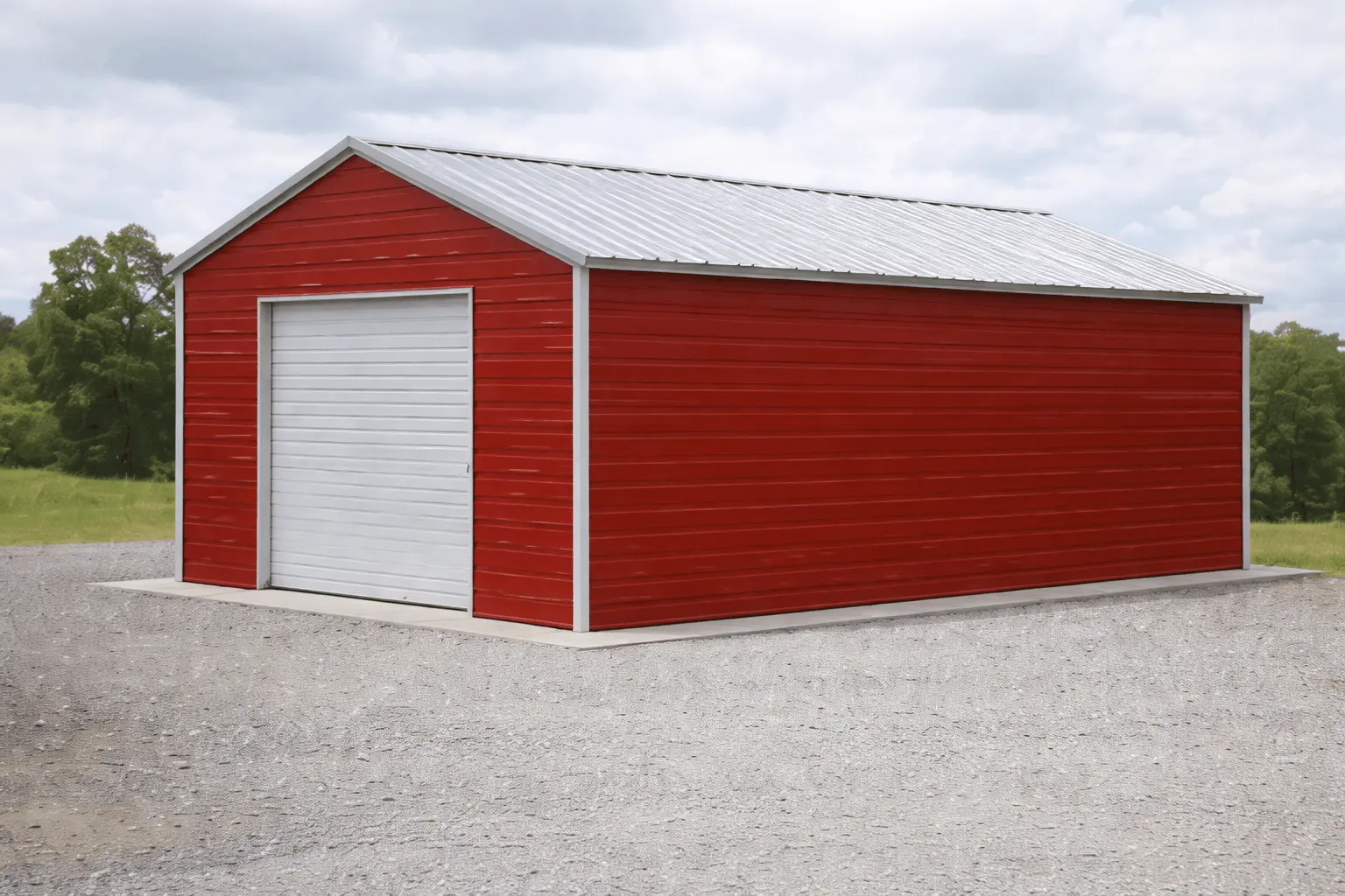 Enclosed metal garage kit with roll-up door for secure vehicle and tool storage