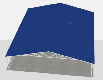 100x110 metal building: three-quarter perspective angle (11,000 sq ft, proportion-matched from 50×60 source) from Steel and Stud