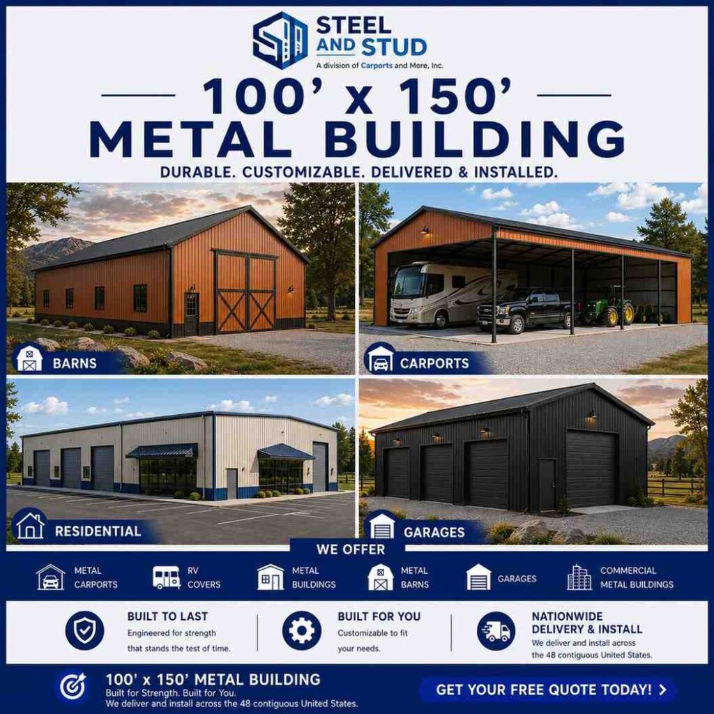 100x150 metal building by Steel and Stud — durable 15,000 sq ft steel warehouse, distribution center and manufacturing facility with 12-gauge galvanized frame