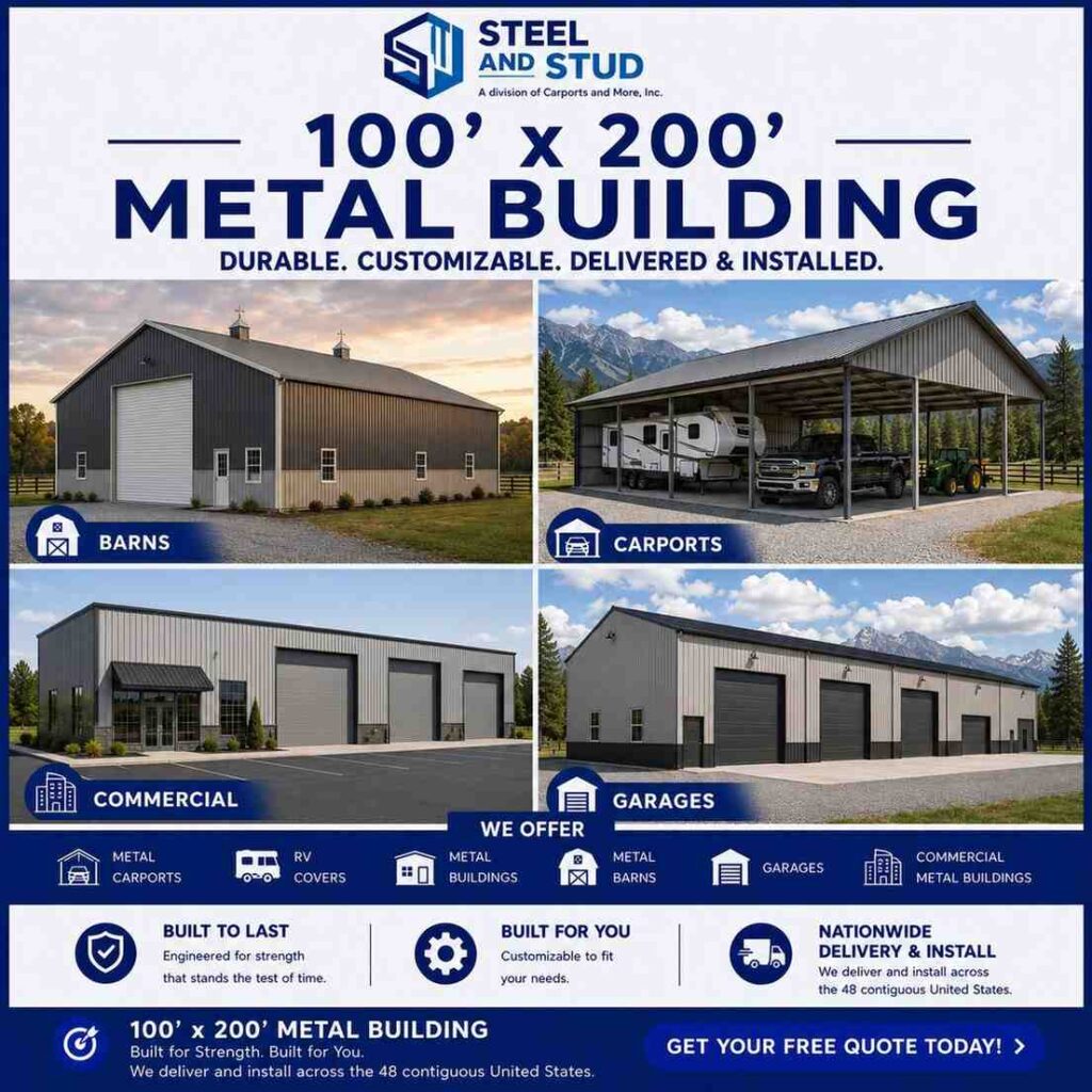 100x200 metal building by Steel and Stud — durable 20,000 sq ft steel warehouse, distribution center and manufacturing facility with 12-gauge galvanized frame