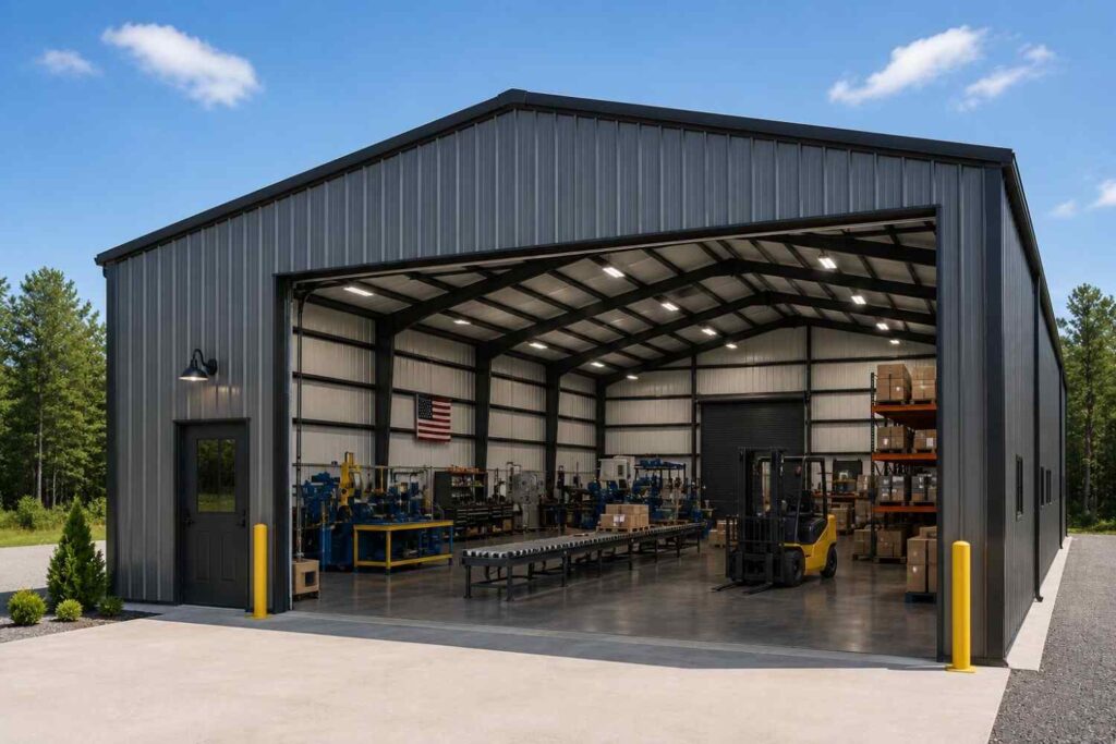 100x30 metal building: primary product hero render (3,000 sq ft, proportion-matched from 60×30 source) from Steel and Stud