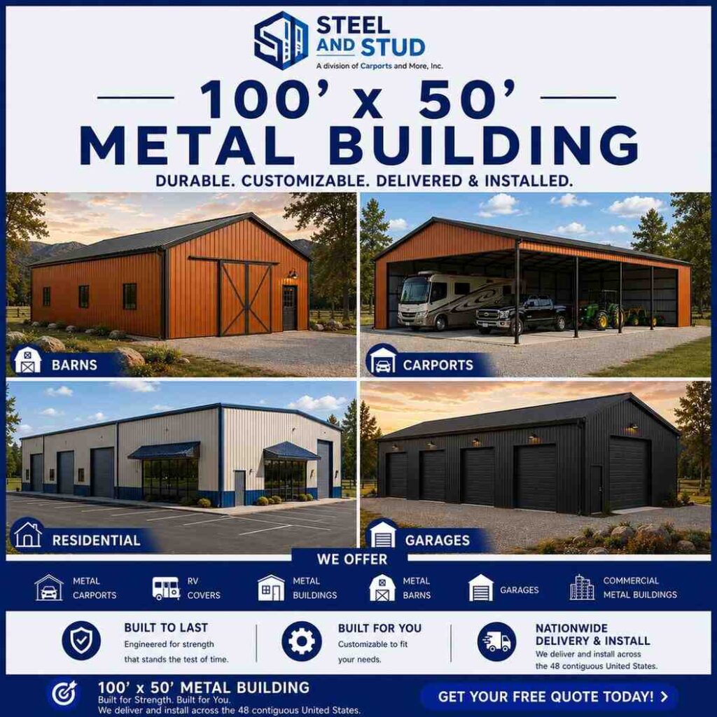 100x50 metal building by Steel and Stud — durable 5,000 sq ft steel warehouse, workshop and commercial garage with 12-gauge galvanized frame