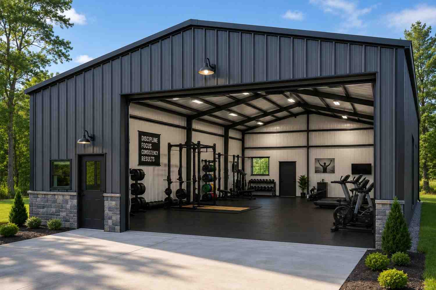 100x90 metal building: three-quarter perspective angle (9,000 sq ft, proportion-matched from 40×40 source) from Steel and Stud