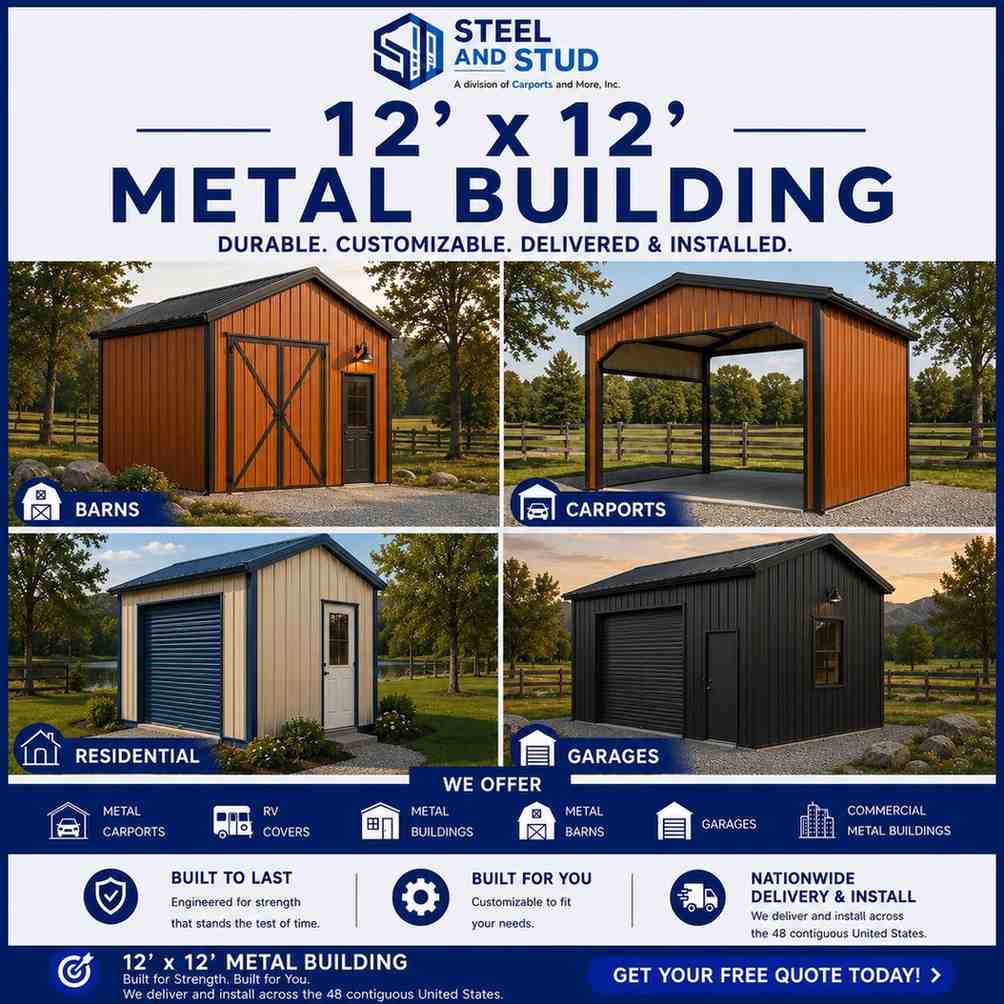 12x12 metal building by Steel and Stud — durable 144 sq ft steel garage, workshop and storage building with 12-gauge galvanized frame