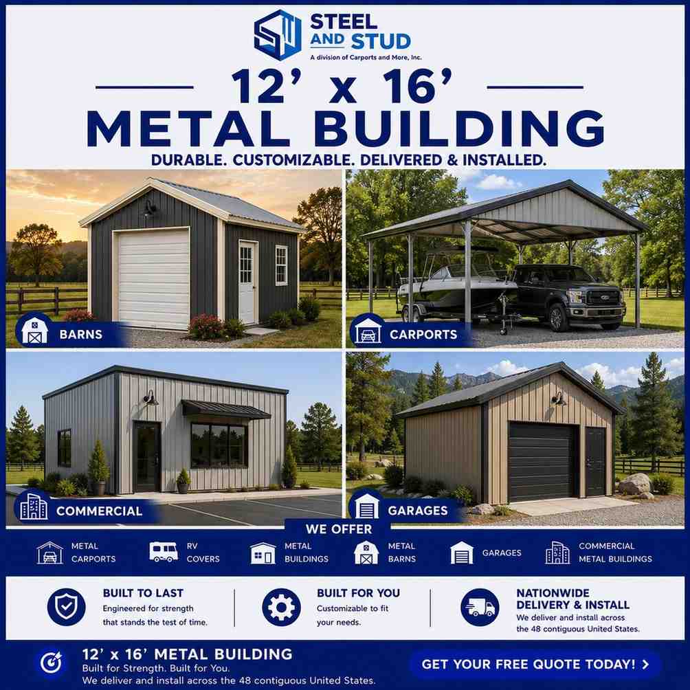 12x16 metal building by Steel and Stud — durable 192 sq ft steel garage, workshop and storage building with 12-gauge galvanized frame