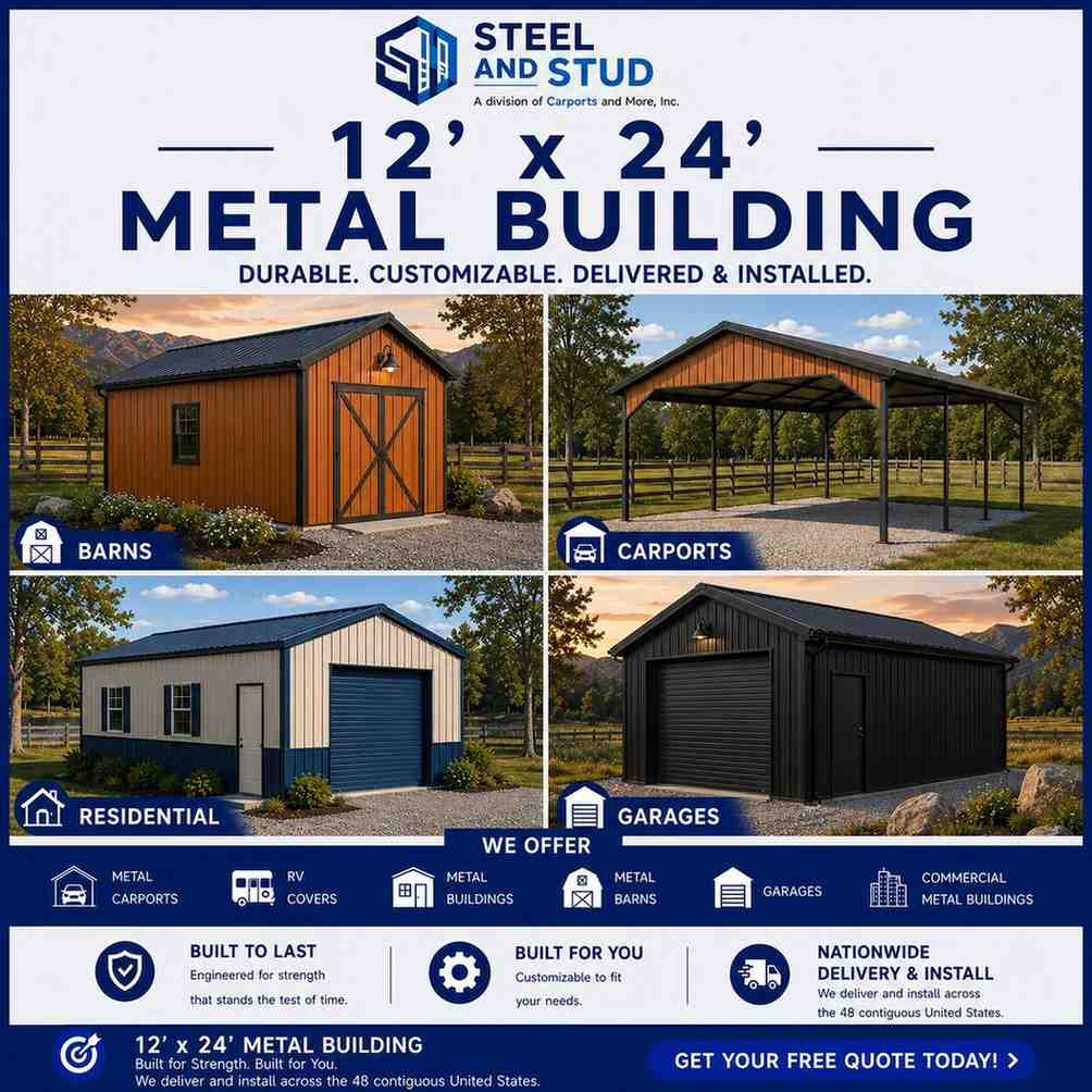 12x24 metal building by Steel and Stud — durable 288 sq ft steel garage, workshop and storage building with 12-gauge galvanized frame
