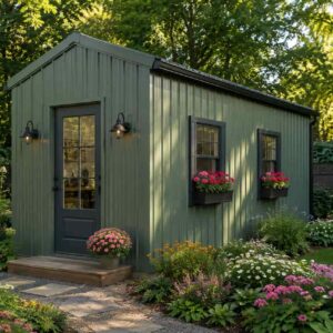 Sage-green 14x24 metal building used as a she-shed garden retreat surrounded by flowers