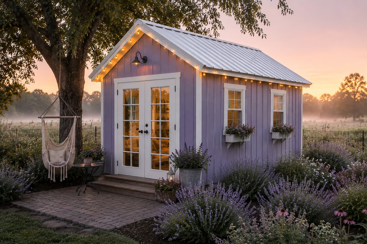 14x24 lavender-purple she-shed at dawn with fairy lights