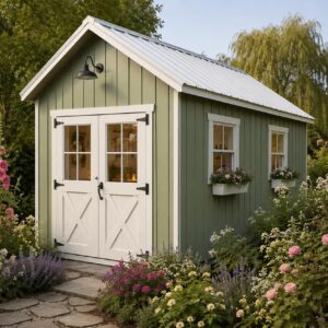 14x24 backyard she-shed garden building with soft sage-green vertical-rib siding, white standing-seam roof, white Dutch double doors, surrounded by hollyhocks, lavender, and roses