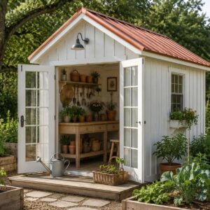 14x24 she-shed garden building in white with terracotta-red metal roof, used as a potting shed with open glass double doors, terracotta pots, gardening tools, and raised cedar vegetable beds outside