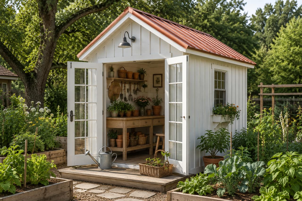 14x24 white she-shed used as a potting shed beside a vegetable garden