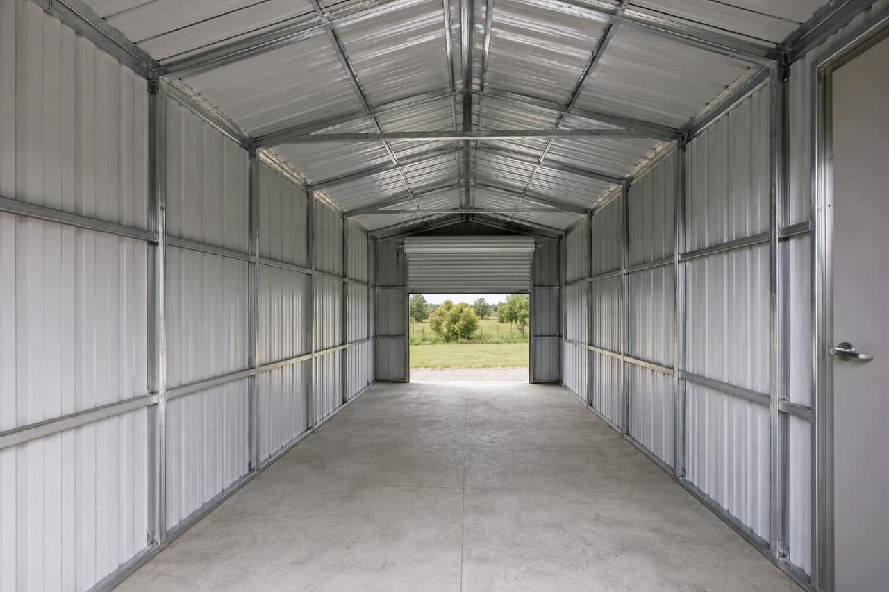 Expansion-ready 14x24 small business shop interior framed for partitions and electrical