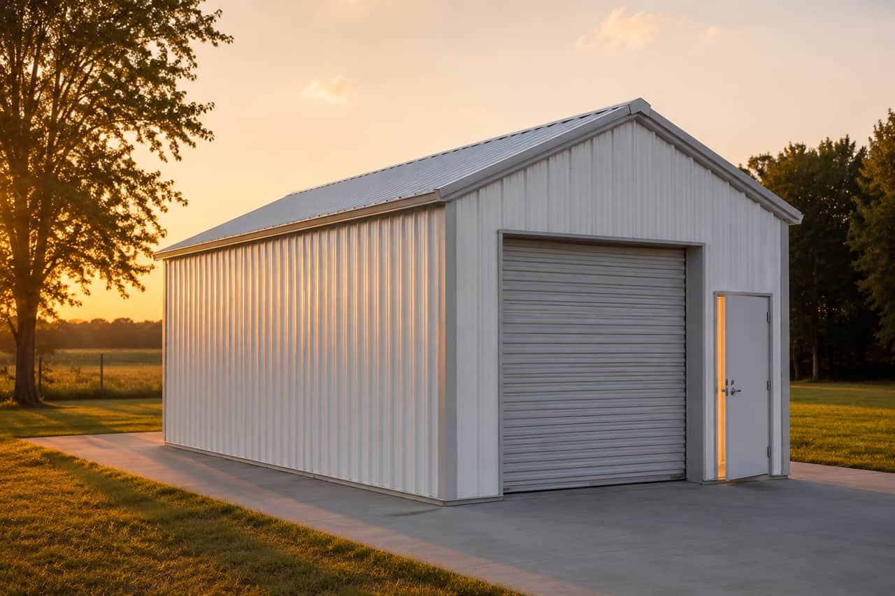 14x24 Steel and Stud small business shop at golden hour with a glowing walk-in door
