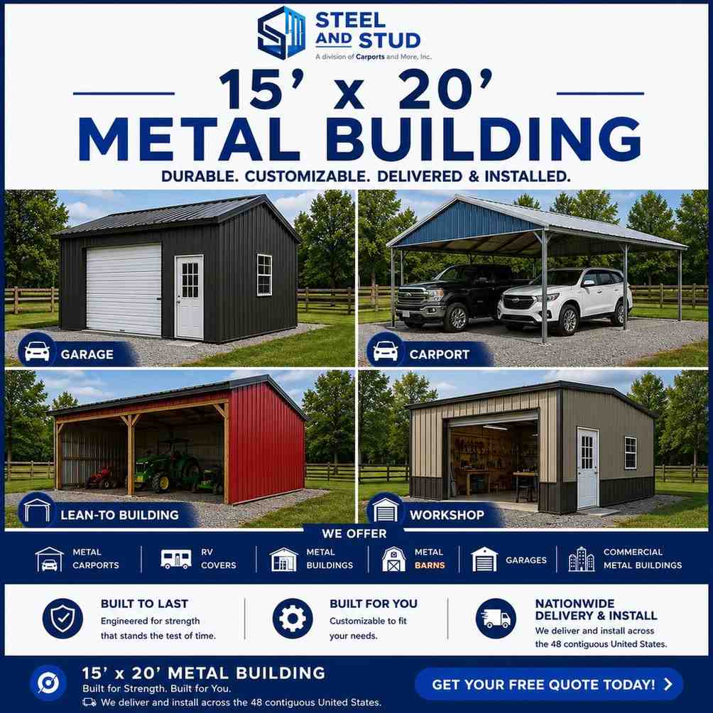 15x20 metal building by Steel and Stud — durable 300 sq ft steel garage, workshop and storage building with 12-gauge galvanized frame