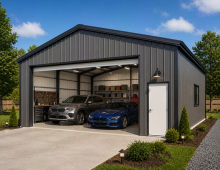 16x24 metal building: hero render — building exterior view, 384 sq ft Steel and Stud factory direct
