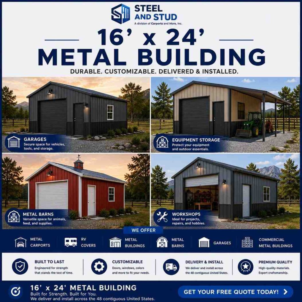 16x24 metal building by Steel and Stud — durable 384 sq ft steel garage, workshop and equipment storage with 12-gauge galvanized frame